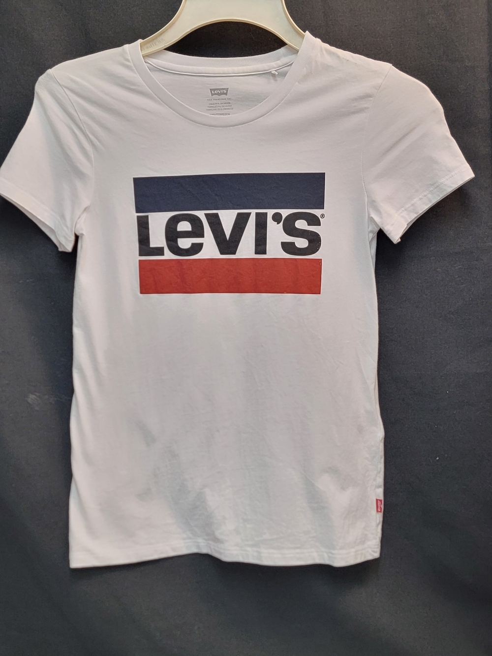 Levi's Women's White Logo Tee with Navy & Red Stripes